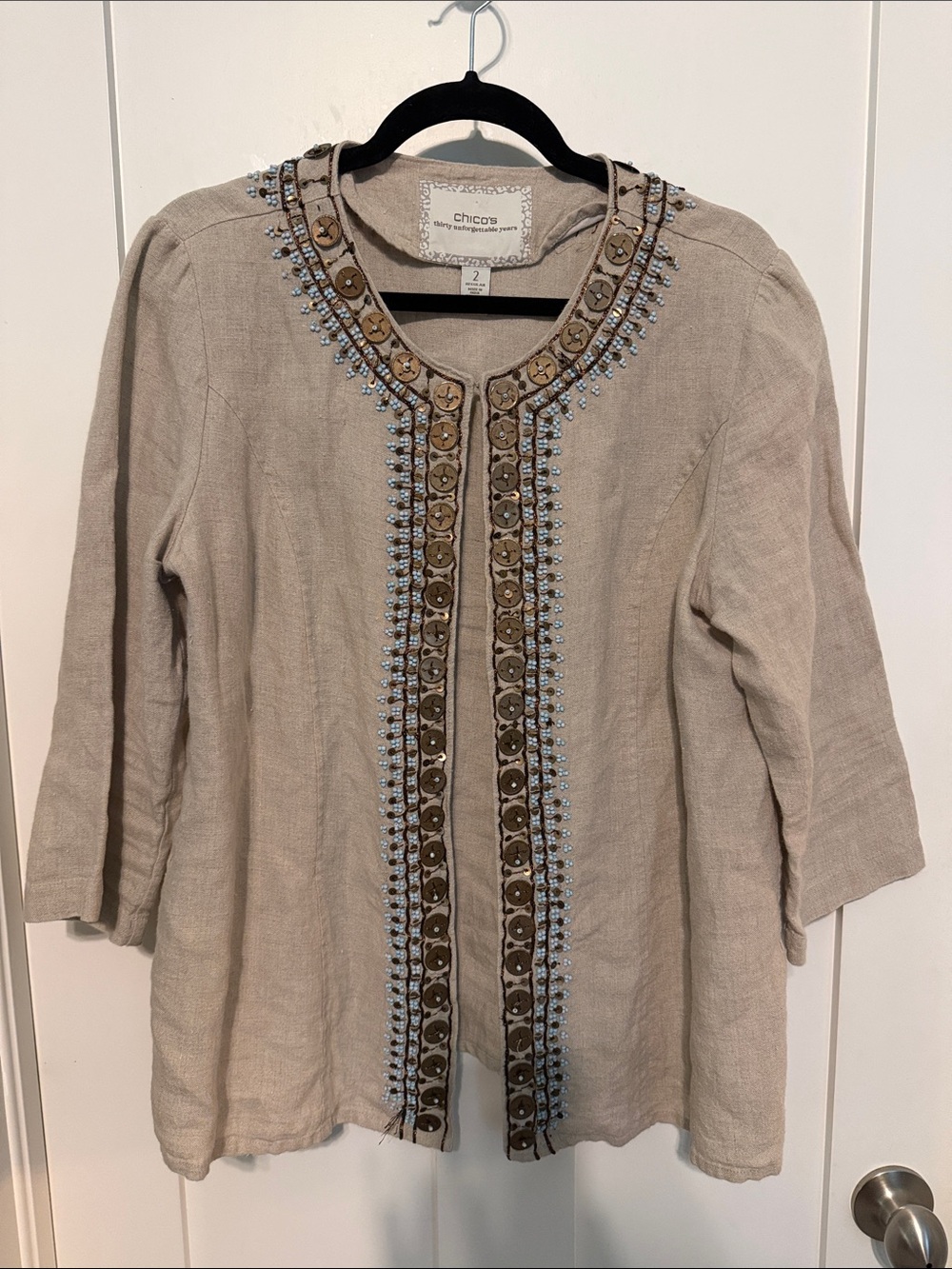 Chico's 100% Linen Beige Open Front Jacket with Copper Blue Bead Embellishment